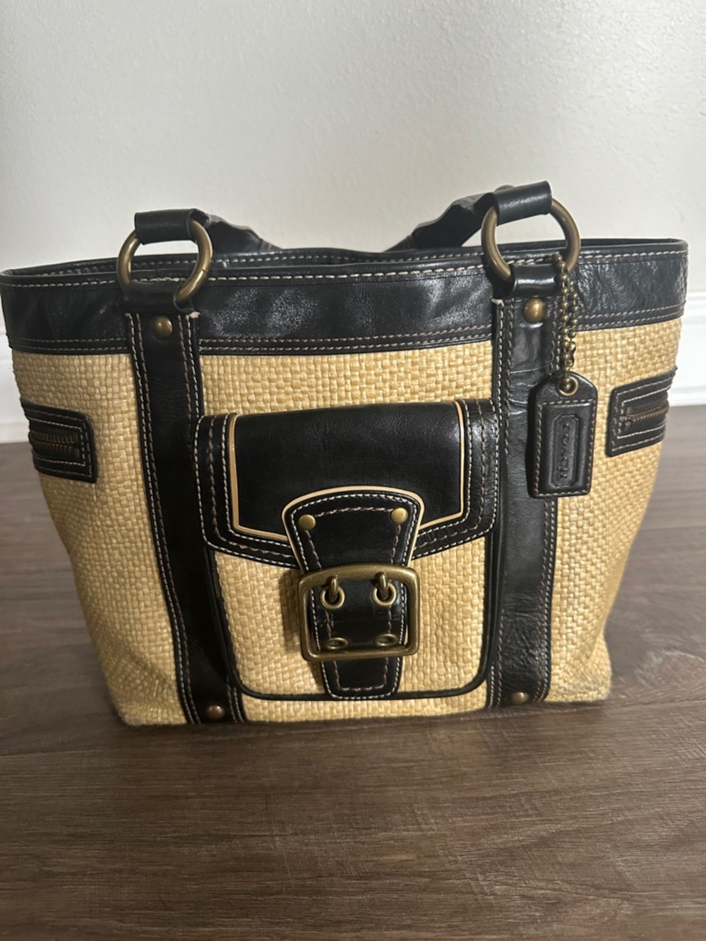 Coach Natural Raffia Tote with Black Leather Trim and Buckle - Picture 2 of 3